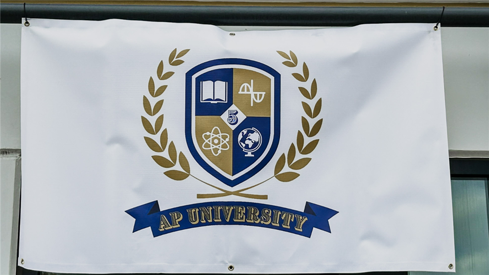  AP University Flag with the program crest