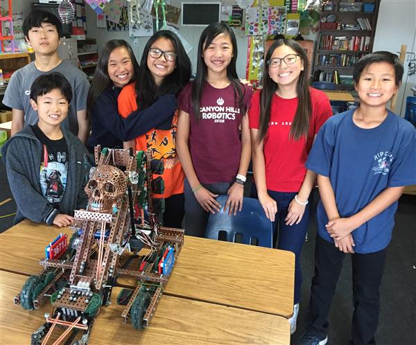 Photo of six junior high aged students, boys and girls, standing behind a robot with a skull face